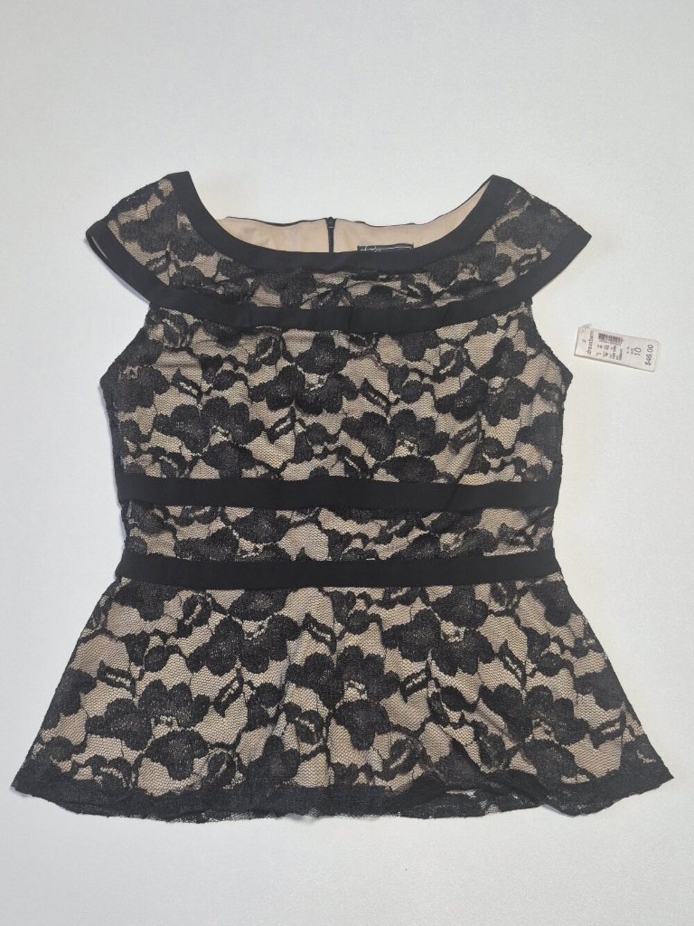 Dressbarn Collection Black Lace Peplum Top Nude Sz10  Beige Lining Blouse Women